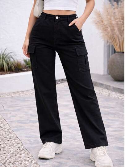 Pantalón Cargo Mujer Tiro Alto Holgado con Bolsas Laterales Estilo Casual Urbano Moda Streetwear