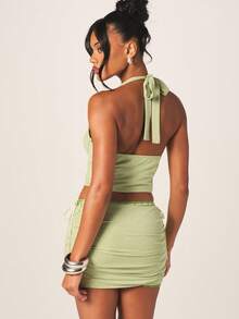 MISSGUIDED Sage Green Gingham Ruched Mini Skirt With Lace Trim Detail And Side Tie Bodycon Fit For Spring Summer - Green - View 2