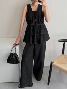 FRIFUL Bộ jumpsuit denim dáng rộng, cổ chữ V sâu, eo thắt dây, phối bèo nhún, dành cho nữ, thích hợp cho mùa hè. - màu đen - Xem 4