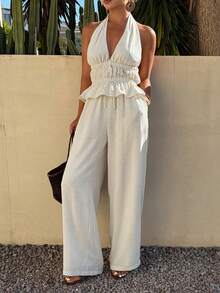 DAZY 女士褶皱露背系带露脐上衣和阔腿裤休闲度假夏季两件套邮轮套装 - 杏色 - 查看 3