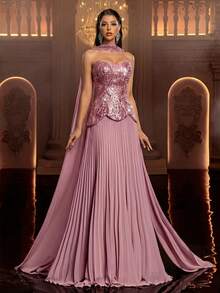 优雅、奢华、高贵、粉色亮片拼接雪纺礼服，无肩带低腰设计，超大裙摆，可拆卸披肩，超长喇叭袖，手工缝制亮片，可调节系带，适合所有正式场合，华丽装饰晚礼服 - 藕粉色 - 查看 8