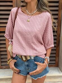 SHEIN LUNE 女士休闲条纹短袖宽松衬衫，适合夏季、度假、通勤和日常穿着 - 西瓜粉 - 查看 3