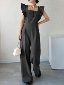 FRIFUL 女士荷叶边拼接前系带阔腿连体裤 - 灰色 - 查看 4