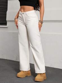 SHEIN PETITE Women's Pocket Button Casual Versatile Daily Wear Wide Leg Jeans - Apricot - View 3