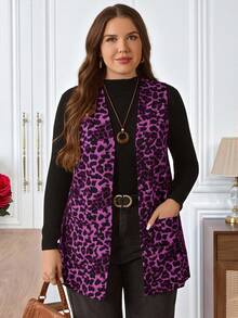 Miaspire Plus Size Women's Fall/Early Spring Casual Fashion Vacation Leopard Print Pocket Open Front Sleeveless Coat With Pocket, Casual For Early Spring, Simple And Fashionable For Everyday Wear, Going Outs, 2026 New, Simple And Fashionable For Everyday Wear, Spring For Women, Sleeveless Cardigan, Vacations Women, Holidays For Women, Spring Women, Spring/Summer/Vacation, Commute, Daily Wear - Purple - View 1