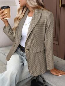 Women's Casual Plaid Long Sleeve Blazer - Yellow - View 5