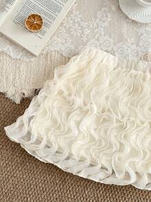 SHEIN Young Girls Sweet Elegant Apricot 3D Rose Textured Mesh A-Line Princess Skirt - Beige - View 5