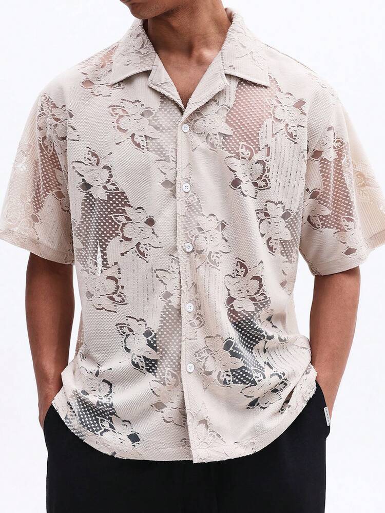 Short Sleeve Lace Pattern Button Shirt