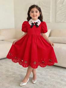 SHEIN Young Girl Red Elegant Beaded Square Collar Gigot Sleeve Princess Frill Hem Solid Satin Dress,Suitable For Summer Party Weddings Birthdays Gatherings - Red - View 4