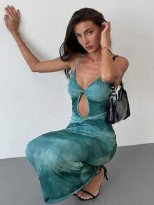 Aloruh 女士夏季印花镂空露背连衣裙，夏季度假连衣裙，沙滩连衣裙，波西米亚热带度假风连衣裙 - 藍色 - 查看 6