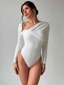 Firerie Women's Asymmetric Shoulder Long Sleeve Wrap Bodysuit,Metal Decor Ruched Waist Slim Fit White Elegant Top,Autumn Night Out Airport Outfit - White - View 6
