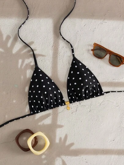 Swim Mod Random Gold Shell Print Halter Neck Triangle Cup Sexy Swimwear Top For Summer Vacation