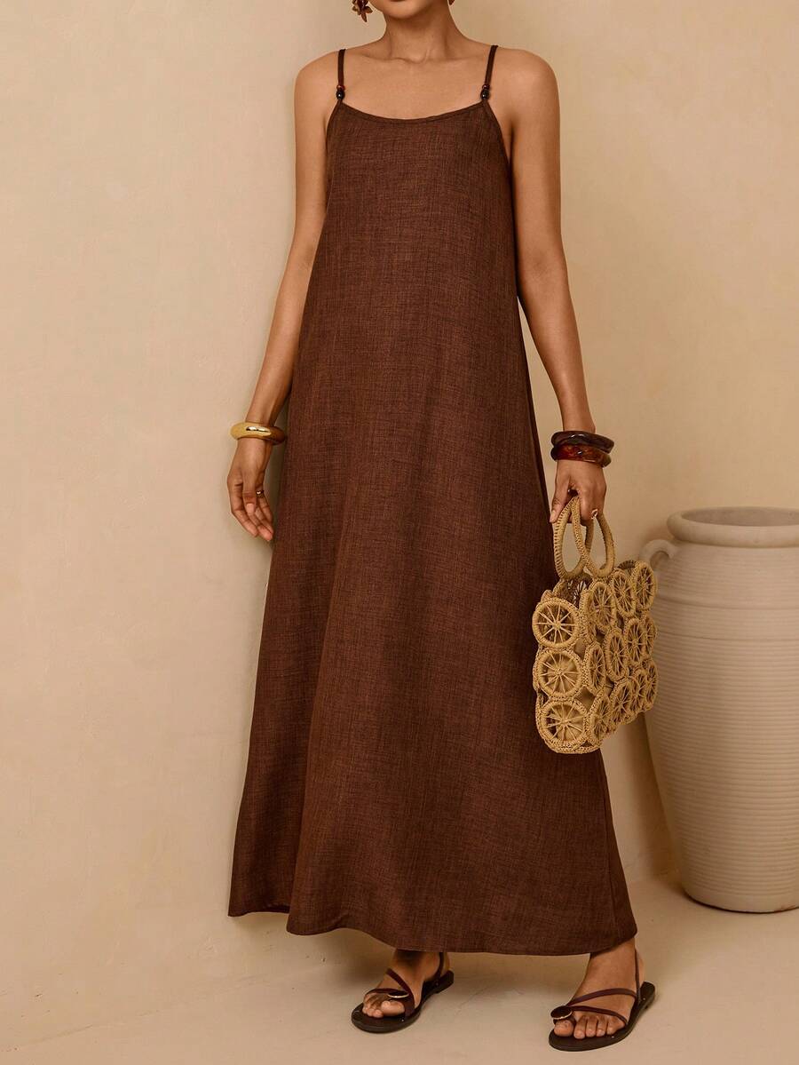 Vesra Đầm nữ màu nâu cà phê giả lanh đính hạt, kiểu dáng rộng rãi, thoải mái, thích hợp cho kỳ nghỉ. - Cà phê nâu - Xem 1