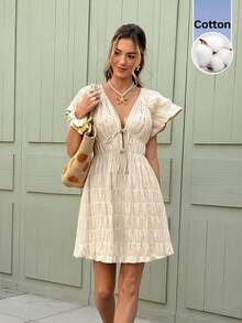 Serisse 女士休闲褶裥前系腰短连衣裙，夏季 - 杏色 - 查看 4