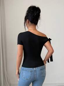 Rafferiza Women's Commute & Vacation Tie Bow Short Sleeve T-Shirt, Suitable For Party And Gathering, Spring/Summer Outfits For Women - Black - View 2