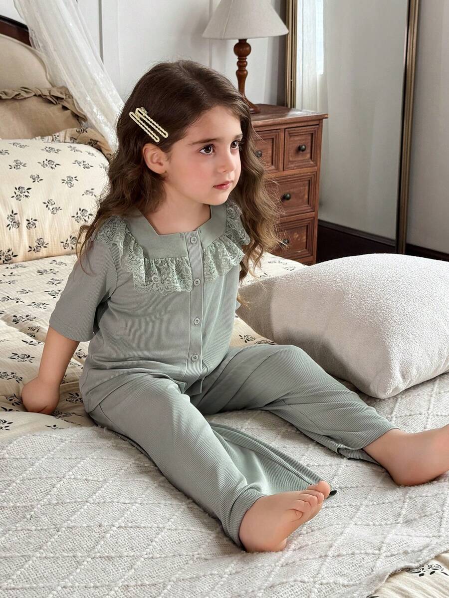 Dazy Kids Young Girl Lace Ruffle Trim Button-Up Short Sleeve Top And Pants Pajama Set - Green - View 1