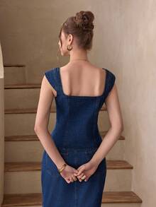 Selenza Women's Elegant Off-Shoulder Denim Blouse For Party, Summer - Dark Wash - View 3