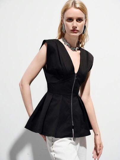 Aveloria Modichic High-Quality Elastic Twill Craftsmanship, Classic Black Color System, Avant-Garde Modern Style, Zipper Closure Design, Shoulder Pad Element, Slim And Slimming Features, Umbrella Skirt Silhouette, Crisp And Well-Shaped Fabric. Suitable For Commuting Fashion, Fashion Shows, Urban Nights, Music Festivals, Evening Parties, Street Snaps, And Occasions For Personal Expression. Niche Slim-Fit Design, Sleeveless, Waist-Cinching, Light And Mature Style Deep V-Neck Top Jacket S Women Women Clothes Womens Dress Peplum Top Peplum Tops Women