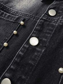 ROMWE MEN Camisa vaquera de manga corta con un solo pecho decorada con perlas falsas para hombres - Negro - Ver 5