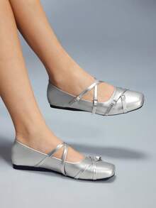 CUCCOO GRLICON Giày bệt mũi vuông màu đen đính nơ, thích hợp cho mùa tựu trường, Halloween, Giáng sinh, tiệc tùng và Ngày Valentine. - Màu bạc 1 - Xem 5