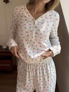 Livesso Women's Bow Print Long Sleeve Top And Wide Leg Pants Casual 2 Pieces Set - White - View 4