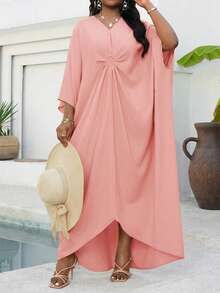 SHEIN Lady Plus Size Women's Dusty Pink Modest Kaftan Dress,Summer Loose Robe For Al-Adha,Tea Party,Bridal Shower,Vacation Beach Swimsuit Cover Up,Long Robe Fall - Pink - View 4