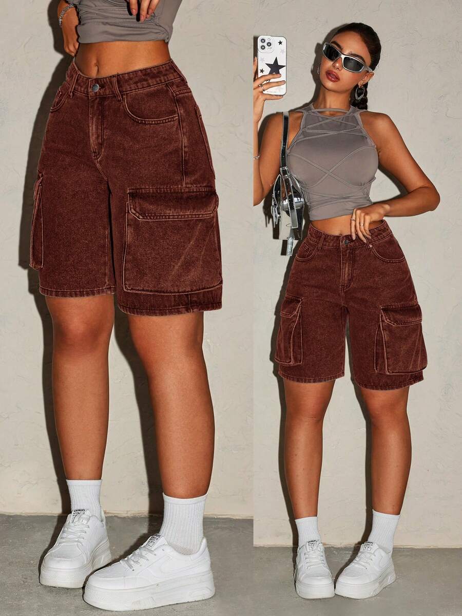 SHEIN ICON شورتات جينز فضفاضة بجيوب جانبية للنساء - بني - مشاهدة 1