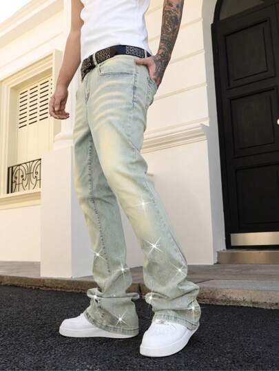 Manfinity EMRG Blugi retro spălați pentru bărbați, cu model de potcoavă și strasuri, stil streetwear