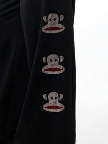 SUMWON X PAUL FRANK SUMWON WOMEN 女士宽松印花慢跑裤，黑色阔腿运动裤，水钻猴子贴花，抽绳休闲家居服 - 黑色 - 查看 4