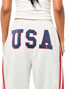 SUMWON WOMEN Pantalones jogger de pierna ancha con diseño de rayas laterales con bandera de EE. UU. y detalle de cordón en la cintura para uso casual los fines de semana, ropa deportiva elegante para el Mundial de 2026, jersey de estilo callejero para el día del partido de fútbol - Gris - Ver 4