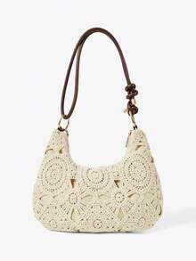 Viva Strut 女士单肩包，时尚，个性，简约，百搭，街头风，甜美酷女孩，辣妹，Y2K风格，夏季沙滩女包，波西米亚风，度假风，休闲元素，木珠吊坠，适合沙滩、度假、夏季、海边、沙滩派对（图案随机，包包不含吊坠。） - 杏色 - 查看 4