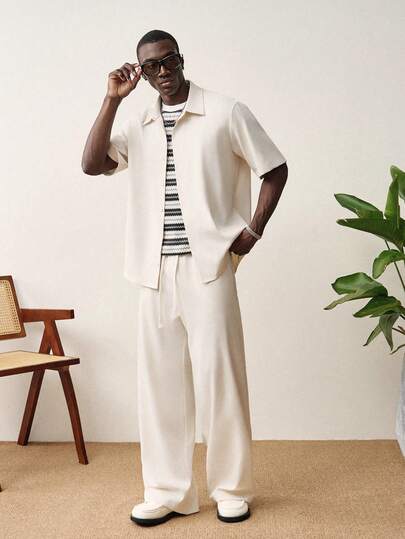 STYNVO Men's Solid Color Polo Collar Single-Breasted Short Sleeve Shirt And Drawstring Waist Wide Leg Casual Pants Set