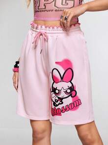 THE POWERPUFF GIRLS X SHEIN 女士休闲卡通印花抽绳腰短裤，夏季 - 粉色 - 查看 3