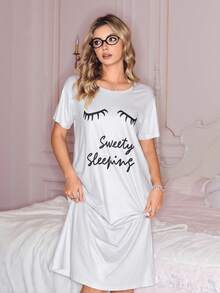 SweetSlumber Casual Sweet Ins Comfortable Sweety Sleeping Eyelash & Eye Print Round Neck Loose Fit Women Nightgown - Grey - View 3