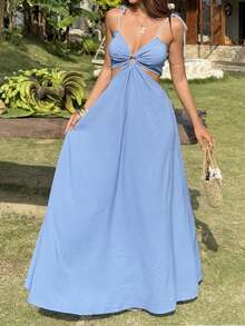 KARISMINA 花卉印花不对称肩部休闲连衣裙，情人节、约会装、度假装女士 - 藍色 - 查看 3