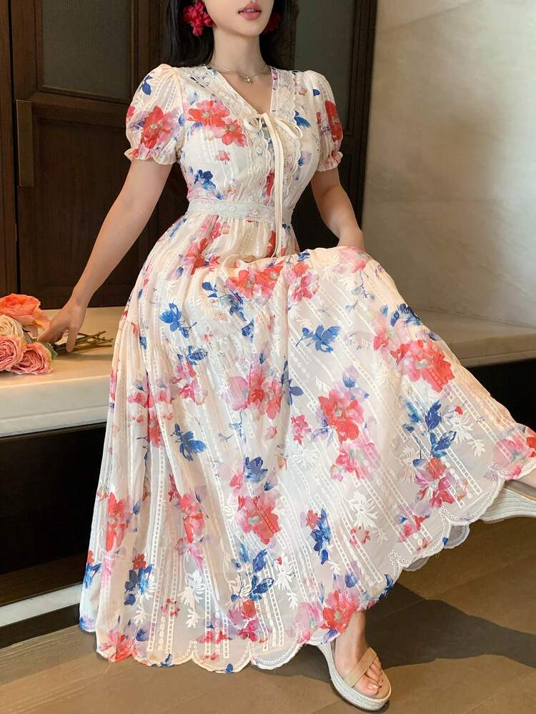 Women's Short Petal Sleeve Tie-Dye Contrast Floral Dress Maxi Dress Sundress Boho