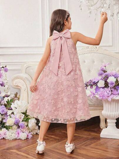 SHEIN Elegant Luxury Tween Girl Dress, Cute Princess Dress, Apricot Color Stand Collar, Exquisite Embroidered Floral Decor, Sleeveless A-Line Silhouette, Gorgeous Princess Dress