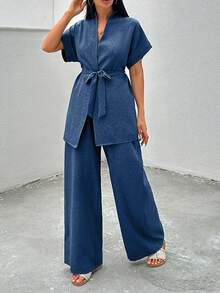 EURMUSE 2 件纯色系带短袖上衣和长裤套装，优雅 - 藏蓝色 - 查看 6