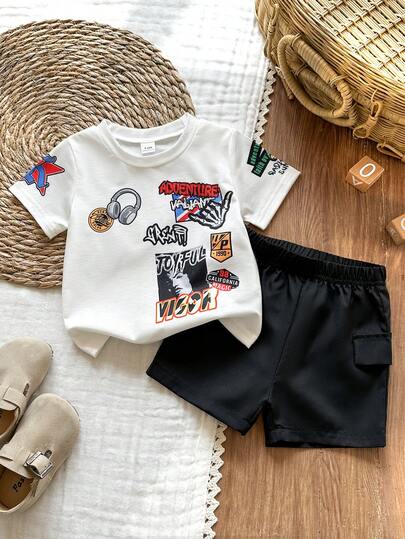 SHEIN Vintaside Kids 男婴夏季两件套，时尚套装，卡通字母印花短袖上衣搭配纯色短裤，活泼可爱，适合户外活动、舒适居家穿着和休闲聚会。
