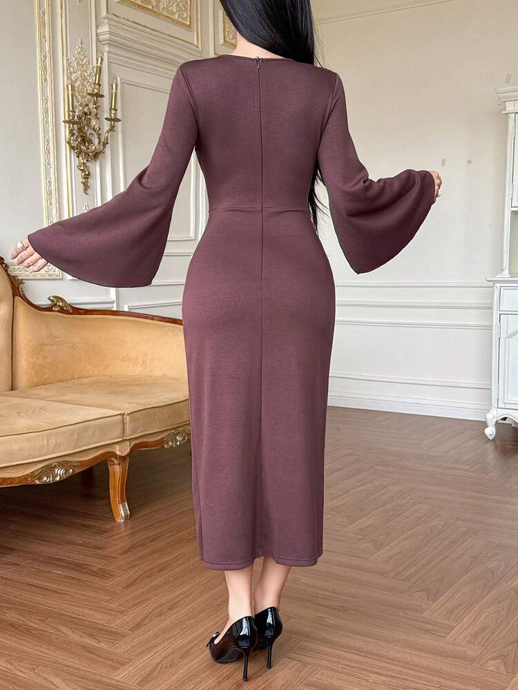 Women's Elegant Solid Color Round Neck Asymmetric Slit Midi Dress, Spring/Summer Sundress