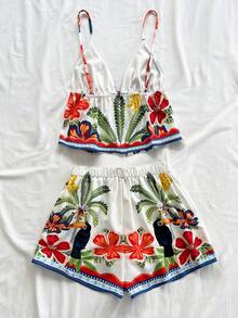 Soleia Conjunto informal de 2 piezas de top de tirantes y shorts con estampado de plantas tropicales para mujer - Multicolor - Ver 2