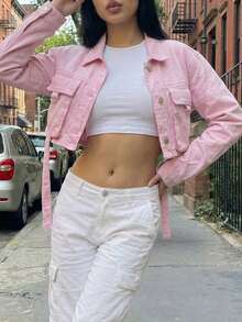 SHEIN ICON Women's Casual Turndown Collar Single-Breasted Long Sleeve Denim Jacket, Versatile For Daily Wear - Pink - View 3