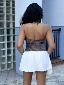 Alexandranx 女士棉质条纹立领单排扣薄款西装外套，秋冬季款 - 棕色 - 查看 2