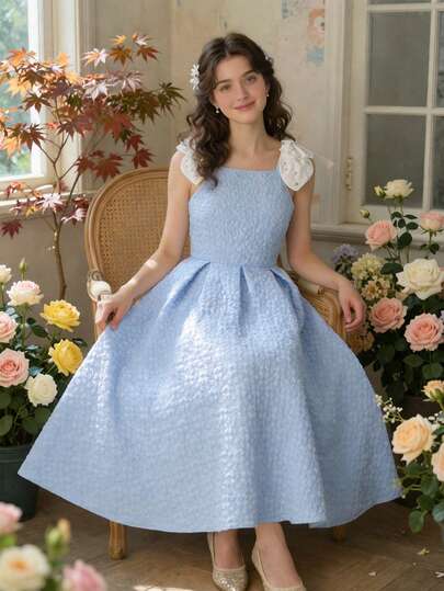 1pc Elegant Jacquard Weave Sleeveless Dress With Detachable Bow, Beaded Decor, Flared Skirt For Teen Girl, Suitable For Daily Wear, Parties, Banquets