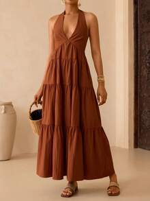 Vesra Women's Deep V-Neck Halter Long Dress For Beach Vacation - Burnt Orange - View 4