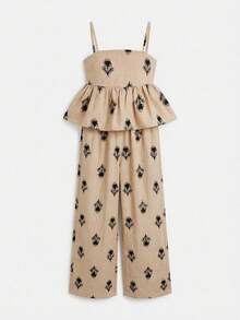 SHEIN Tween Girl Floral Print Ruffle Hem Camisole And Pants Casual Outfit - Khaki - View 6