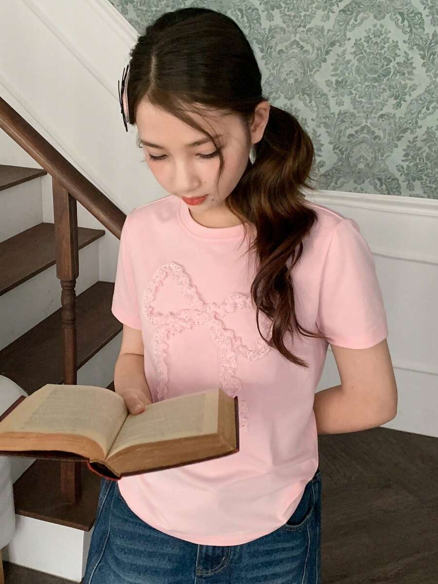 Dazy Kids 少女圆领短袖针织T恤，秋夏季 - 粉色 - 查看 1