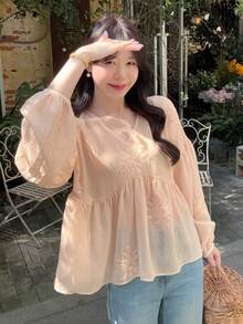 DAZY 女士V领褶皱A字长袖亮片优雅衬衫 - 粉色 - 查看 3