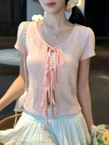 DAZY Maglietta casual estiva da donna a maniche corte con nodo frontale, tinta unita - Rosa - Visualizzare 4