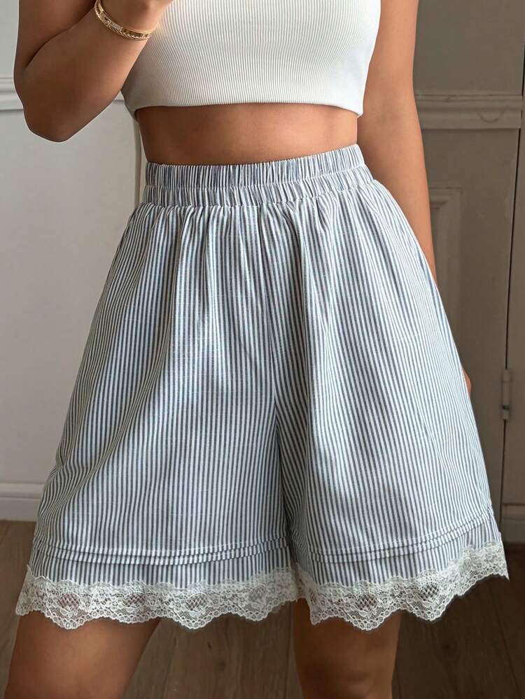 Women's Summer Striped Pleated Lace Patchwork Short Pajama Bottoms